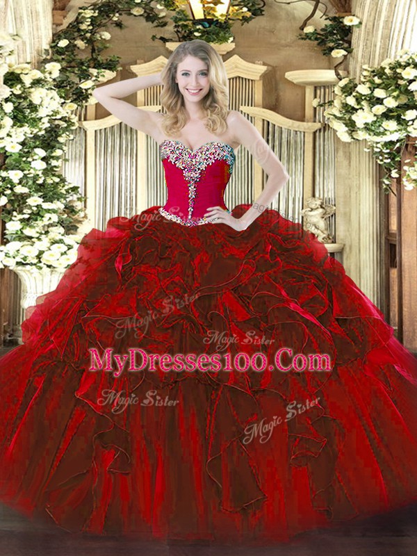 Unique Wine Red Ball Gowns Sweetheart Sleeveless Organza Floor Length Lace Up Beading and Ruffles Quinceanera Gown
