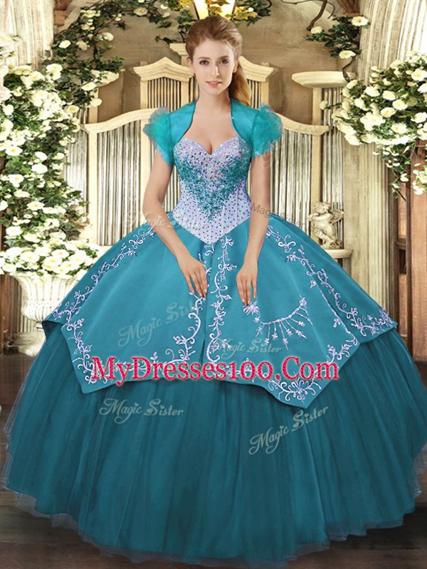 New Style Teal Ball Gowns Satin and Tulle Sweetheart Sleeveless Beading and Embroidery Floor Length Lace Up 15 Quinceanera Dress