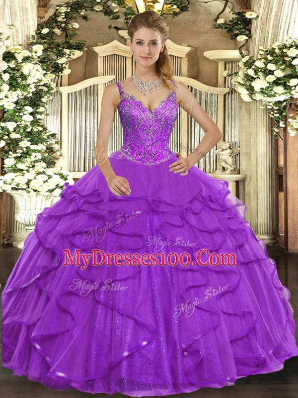 Floor Length Eggplant Purple Sweet 16 Quinceanera Dress V-neck Sleeveless Lace Up