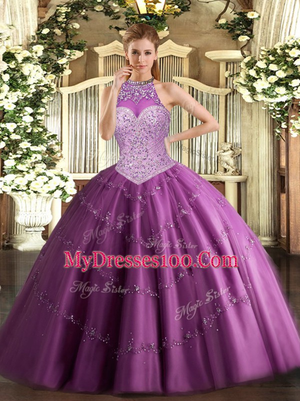 Custom Design Halter Top Sleeveless Tulle Ball Gown Prom Dress Beading and Appliques Lace Up