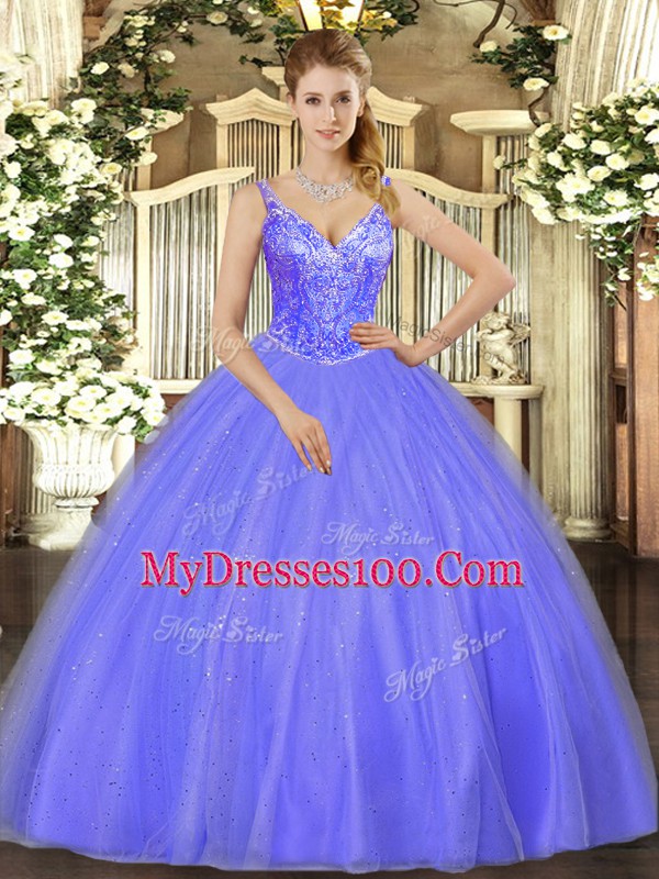 New Style Lavender Tulle Lace Up V-neck Sleeveless Floor Length Vestidos de Quinceanera Beading