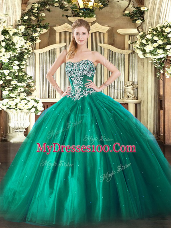 Super Floor Length Lace Up Sweet 16 Quinceanera Dress Turquoise for Military Ball and Sweet 16 and Quinceanera with Beading