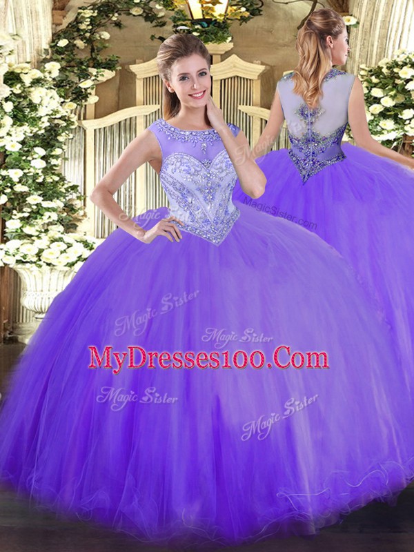 Suitable Lavender Scoop Zipper Beading Sweet 16 Quinceanera Dress Sleeveless