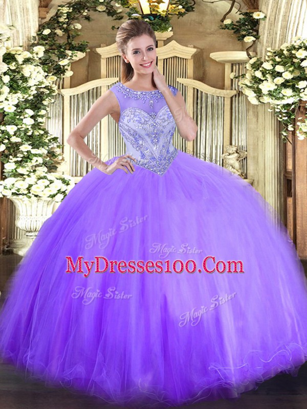 Suitable Lavender Scoop Zipper Beading Sweet 16 Quinceanera Dress Sleeveless