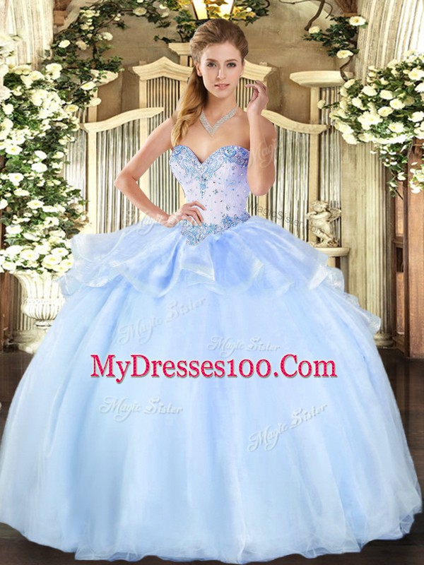 Light Blue Organza Lace Up Quinceanera Dresses Sleeveless Floor Length Beading