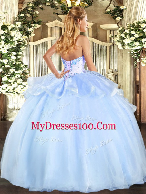 Light Blue Organza Lace Up Quinceanera Dresses Sleeveless Floor Length Beading