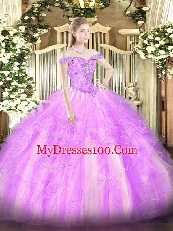 Off The Shoulder Sleeveless Lace Up Sweet 16 Quinceanera Dress Lilac Tulle