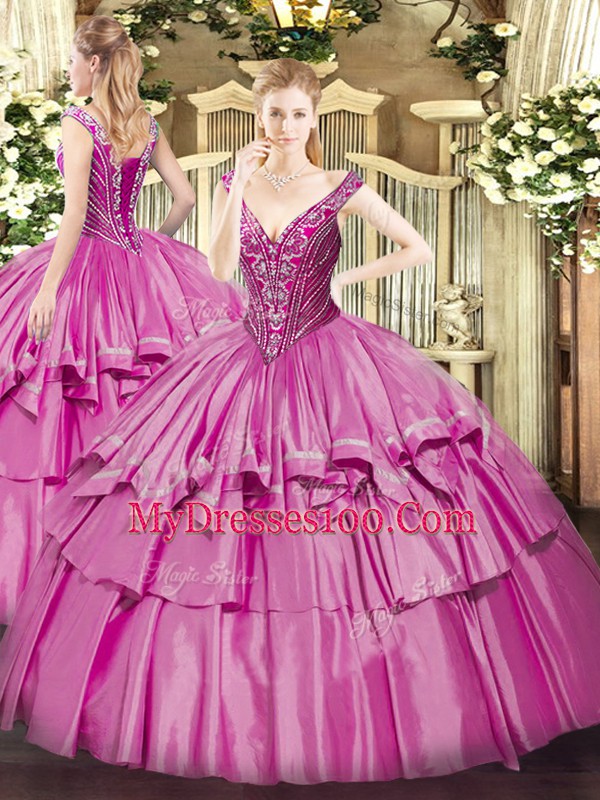 Glittering Lilac Lace Up V-neck Beading and Ruffled Layers 15th Birthday Dress Organza and Taffeta Sleeveless
