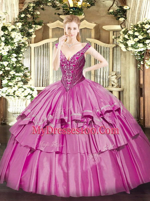 Glittering Lilac Lace Up V-neck Beading and Ruffled Layers 15th Birthday Dress Organza and Taffeta Sleeveless