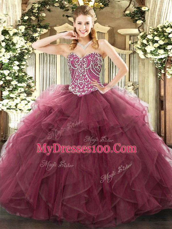 Low Price Beading and Ruffles Ball Gown Prom Dress Burgundy Lace Up Sleeveless Floor Length