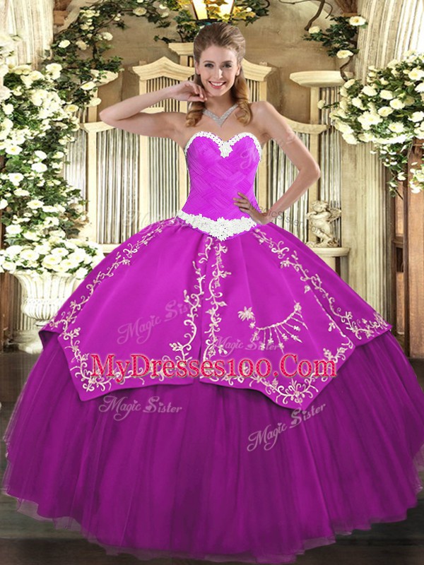 Fashionable Fuchsia Lace Up Sweetheart Appliques and Embroidery Quinceanera Dresses Organza and Taffeta Sleeveless
