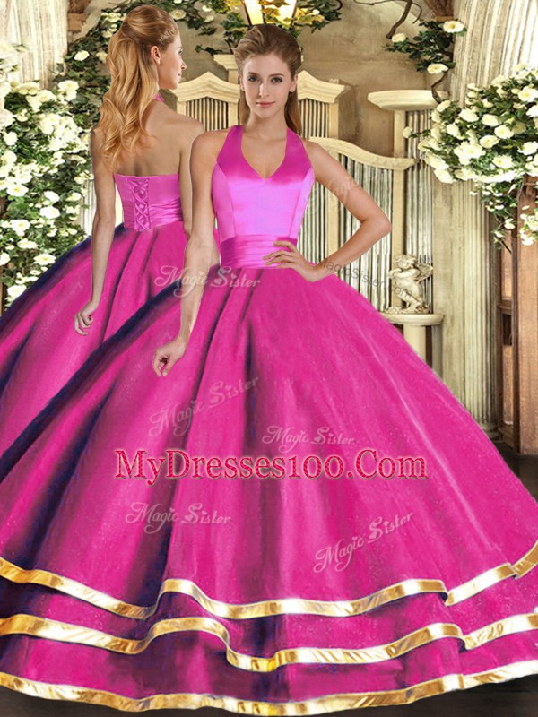 Discount Halter Top Sleeveless Lace Up Quince Ball Gowns Fuchsia Tulle
