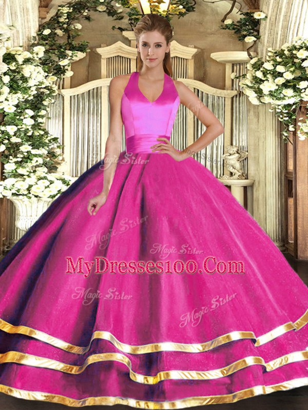 Discount Halter Top Sleeveless Lace Up Quince Ball Gowns Fuchsia Tulle