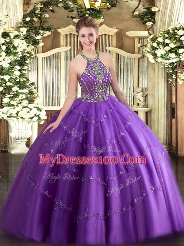 Purple Halter Top Neckline Beading and Appliques Sweet 16 Quinceanera Dress Sleeveless Lace Up
