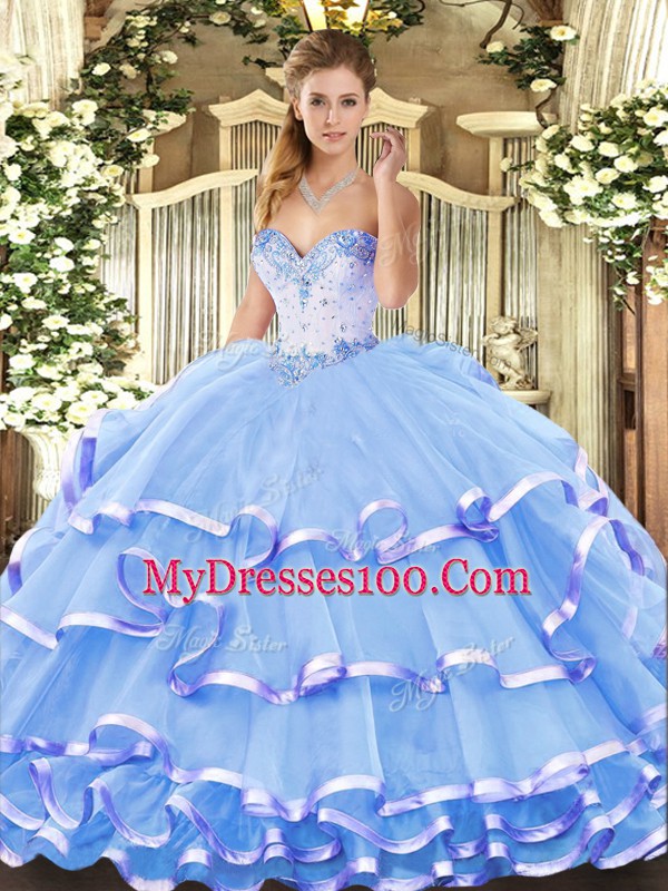 Beading and Ruffled Layers Quinceanera Gown Blue Lace Up Sleeveless Floor Length