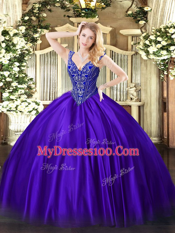 Trendy Purple Sleeveless Floor Length Beading Lace Up Quinceanera Dresses