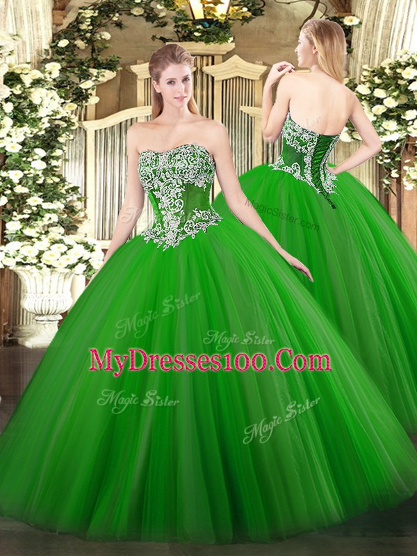 Hot Selling Green Sleeveless Floor Length Beading Lace Up Quinceanera Dresses