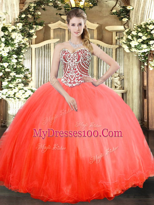 Customized Coral Red Ball Gowns Sweetheart Sleeveless Tulle Floor Length Lace Up Beading Quince Ball Gowns