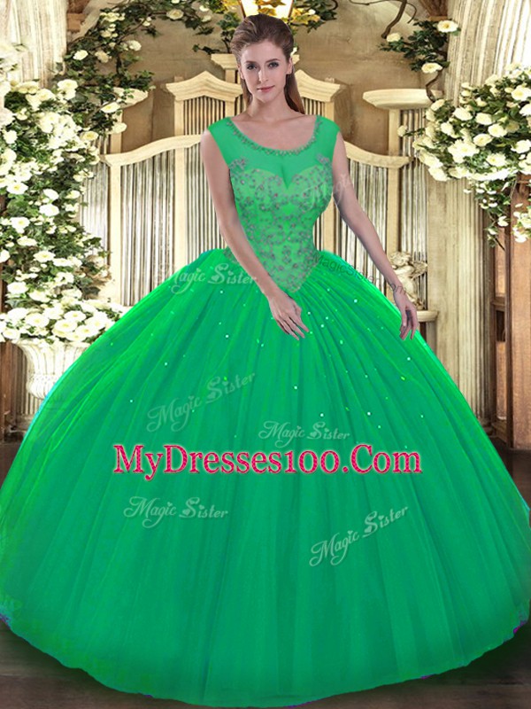 Designer Green Ball Gowns Tulle Scoop Sleeveless Beading Floor Length Backless 15 Quinceanera Dress