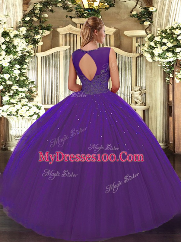 Designer Green Ball Gowns Tulle Scoop Sleeveless Beading Floor Length Backless 15 Quinceanera Dress
