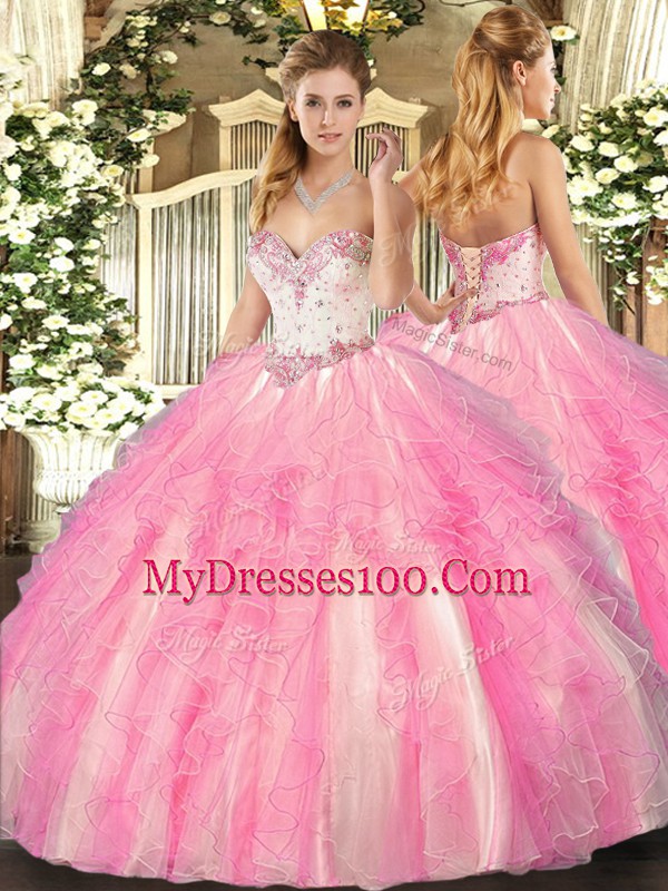 Rose Pink Sweetheart Lace Up Beading and Ruffles Quinceanera Dresses Sleeveless
