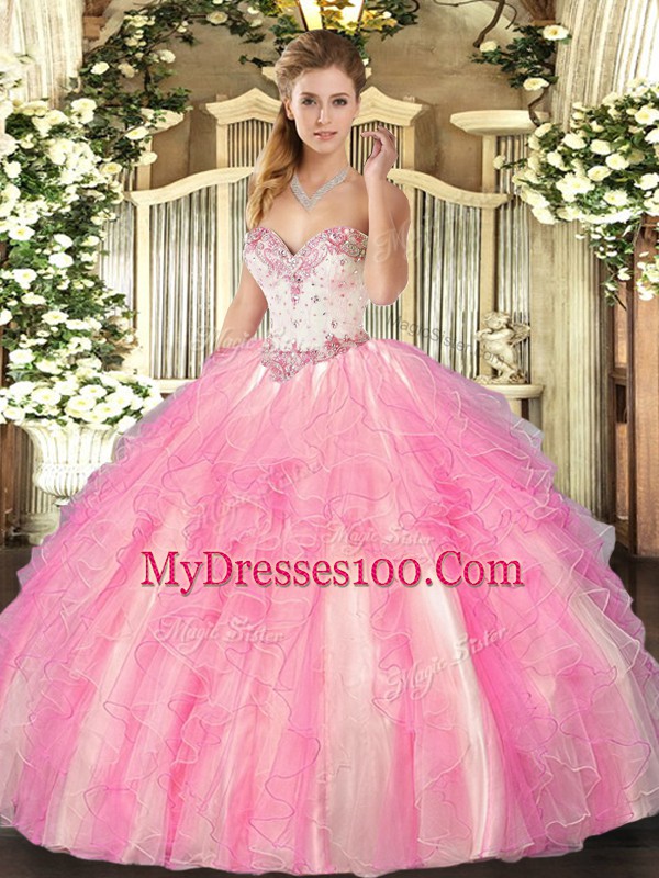 Rose Pink Sweetheart Lace Up Beading and Ruffles Quinceanera Dresses Sleeveless