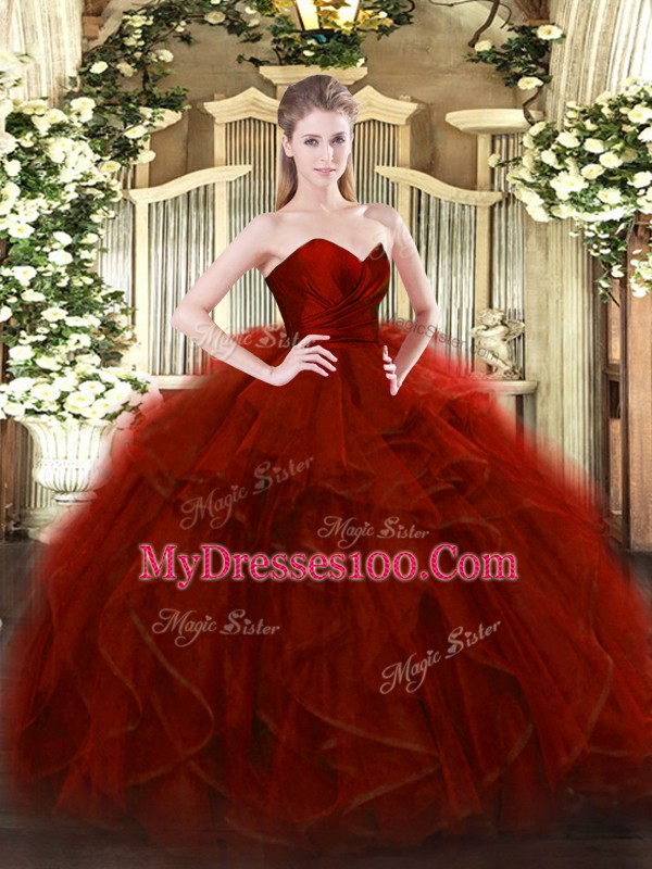 Wine Red Sleeveless Ruffles Floor Length 15th Birthday Dress