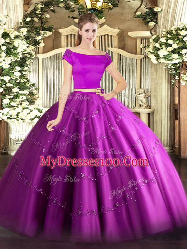Fuchsia Two Pieces Tulle Off The Shoulder Short Sleeves Appliques Floor Length Zipper Quinceanera Dresses