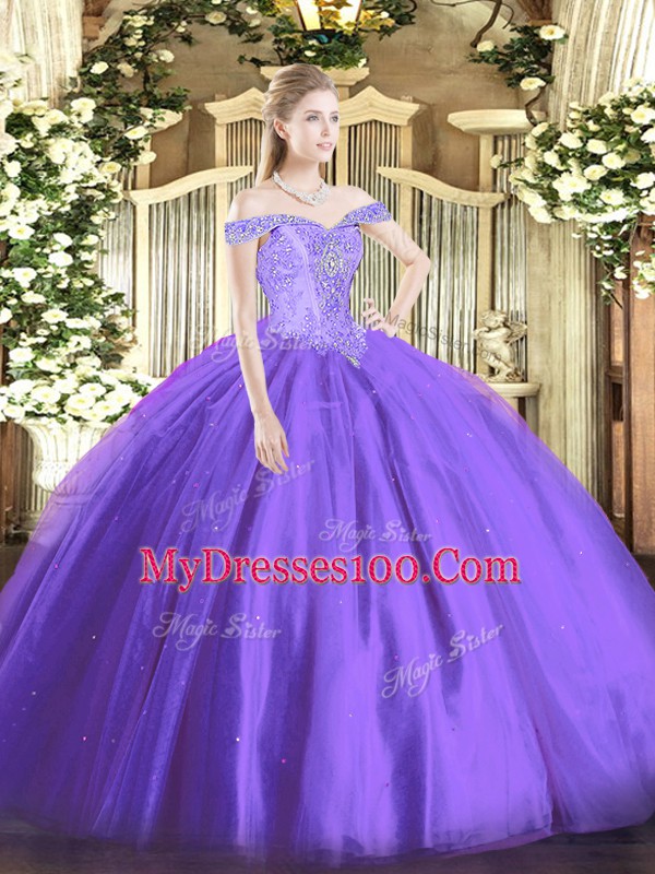 Tulle Off The Shoulder Sleeveless Lace Up Beading Quinceanera Dresses in Lavender