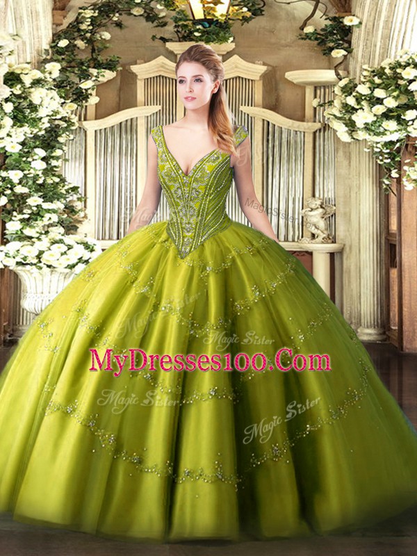 Olive Green V-neck Neckline Beading and Appliques Quince Ball Gowns Sleeveless Lace Up