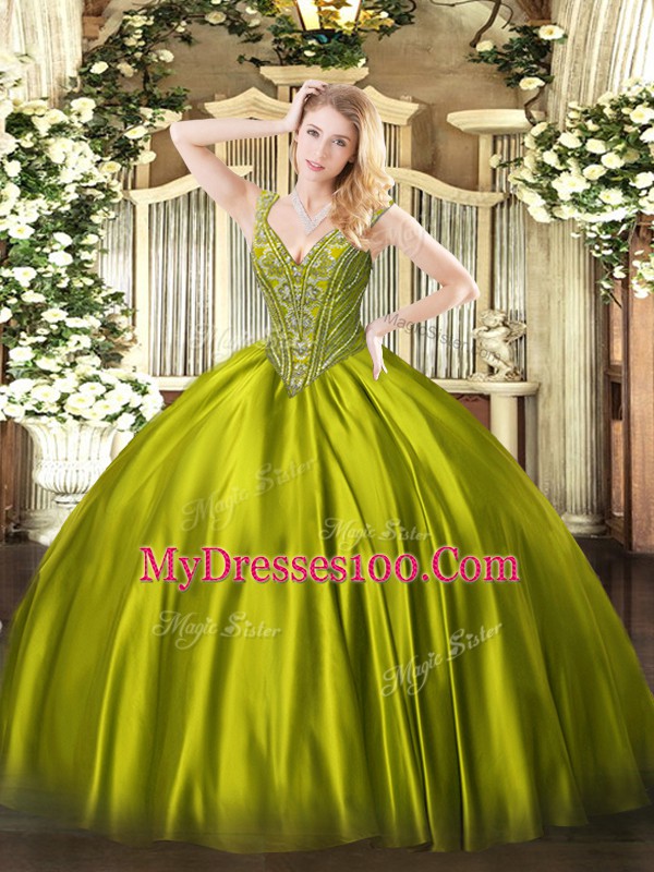 Floor Length Lace Up Sweet 16 Dress Olive Green for Military Ball and Sweet 16 and Quinceanera with Beading