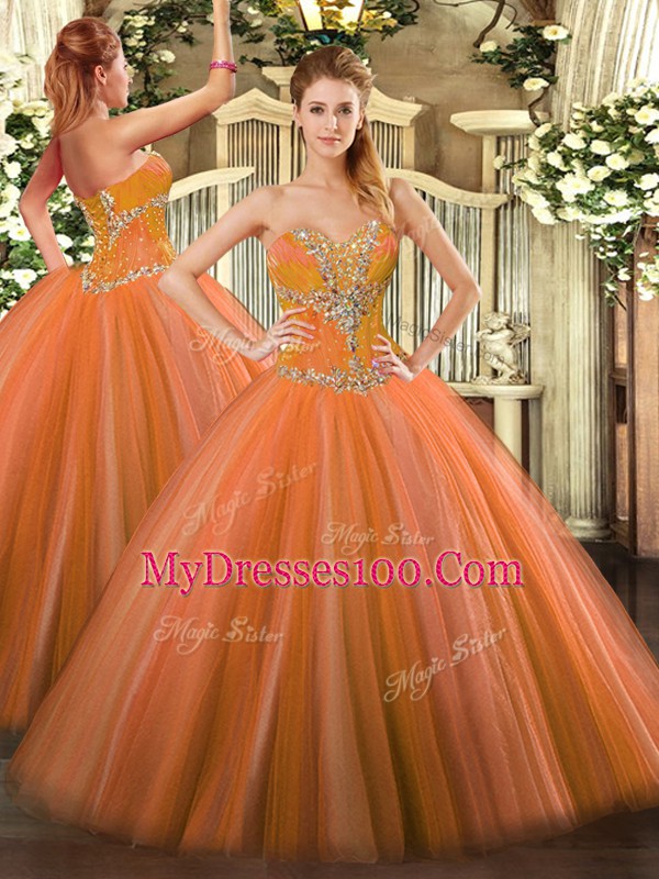 Luxurious Orange Red Sweetheart Neckline Beading Ball Gown Prom Dress Sleeveless Lace Up