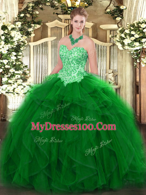 On Sale Green Sweetheart Lace Up Appliques and Ruffles Quinceanera Dresses Sleeveless