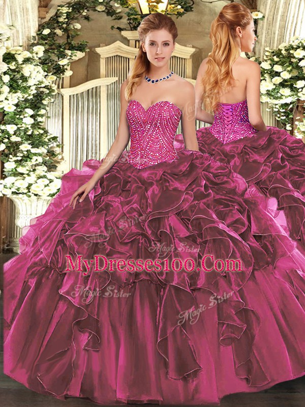 Burgundy Sweetheart Lace Up Beading and Ruffles Quinceanera Gown Sleeveless