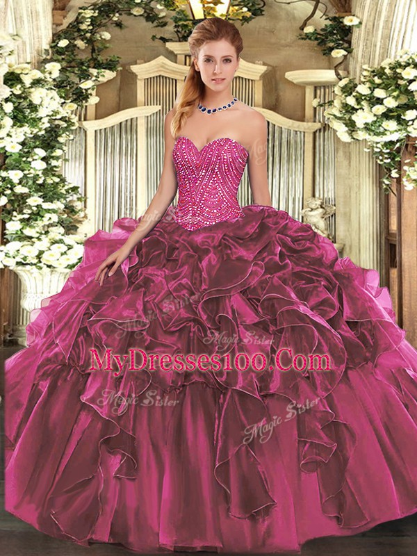 Burgundy Sweetheart Lace Up Beading and Ruffles Quinceanera Gown Sleeveless