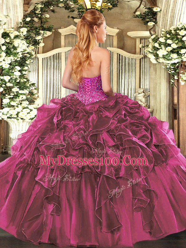 Burgundy Sweetheart Lace Up Beading and Ruffles Quinceanera Gown Sleeveless