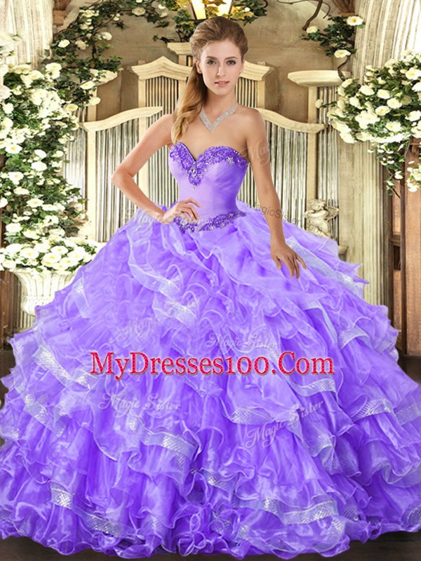 Lavender Ball Gowns Sweetheart Sleeveless Organza Floor Length Lace Up Beading and Ruffled Layers Ball Gown Prom Dress