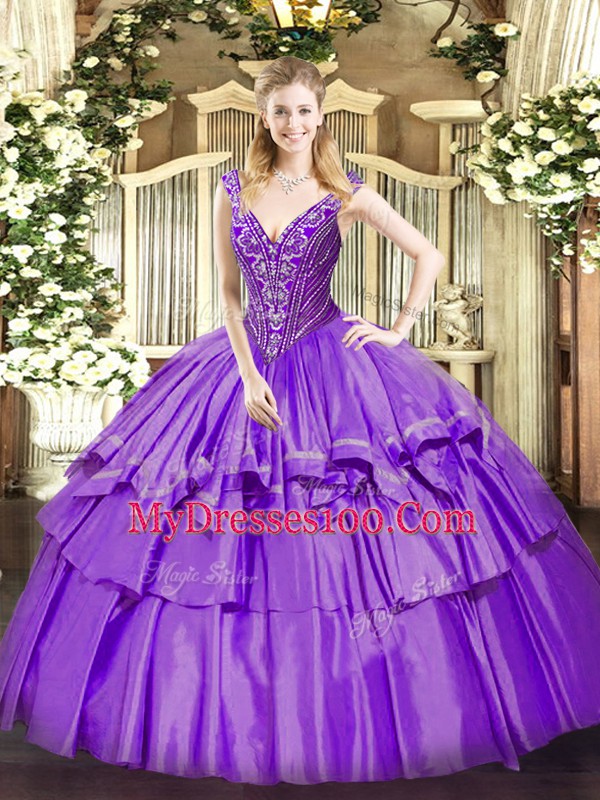 Lavender Organza and Taffeta Lace Up Vestidos de Quinceanera Sleeveless Floor Length Beading and Ruffled Layers