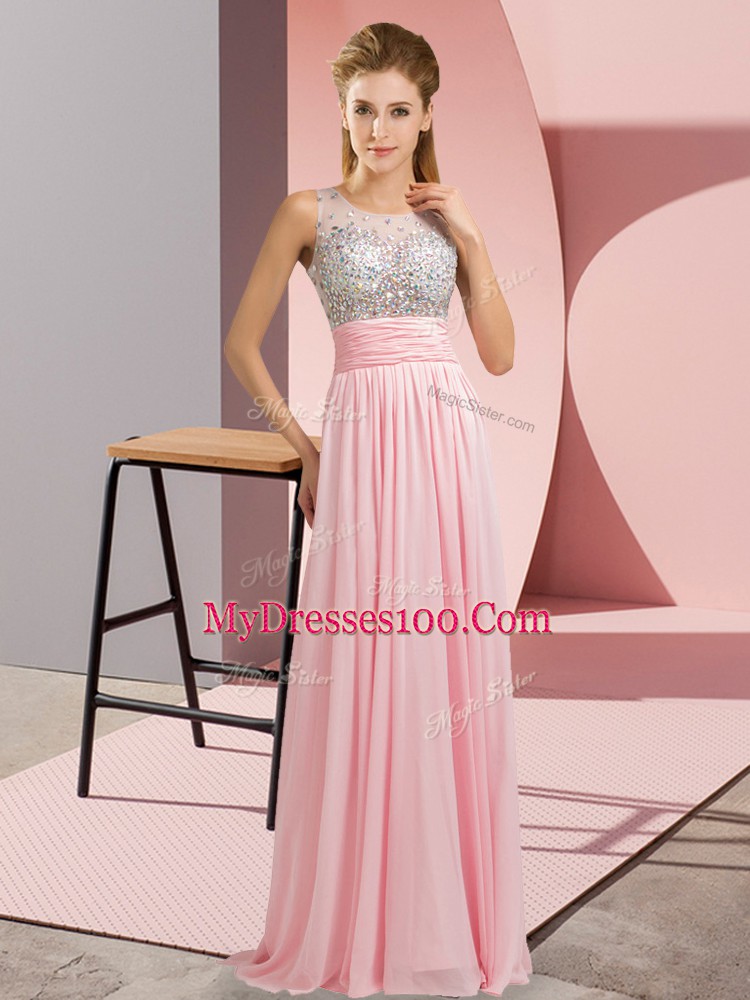 Great Baby Pink Scoop Neckline Beading Prom Gown Sleeveless Side Zipper