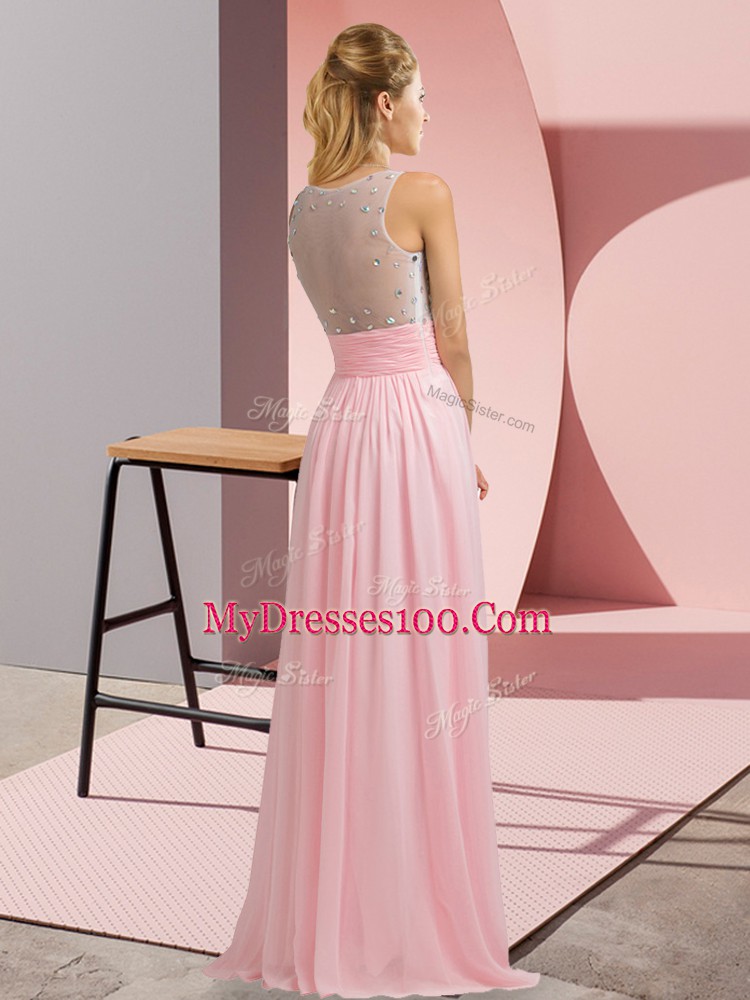 Great Baby Pink Scoop Neckline Beading Prom Gown Sleeveless Side Zipper