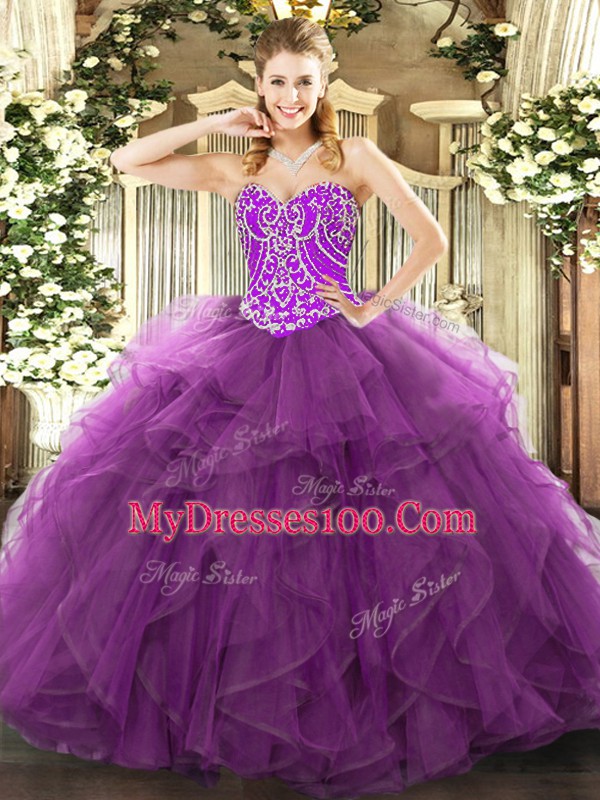 Best Tulle Sweetheart Sleeveless Lace Up Beading and Ruffles Quinceanera Dress in Purple