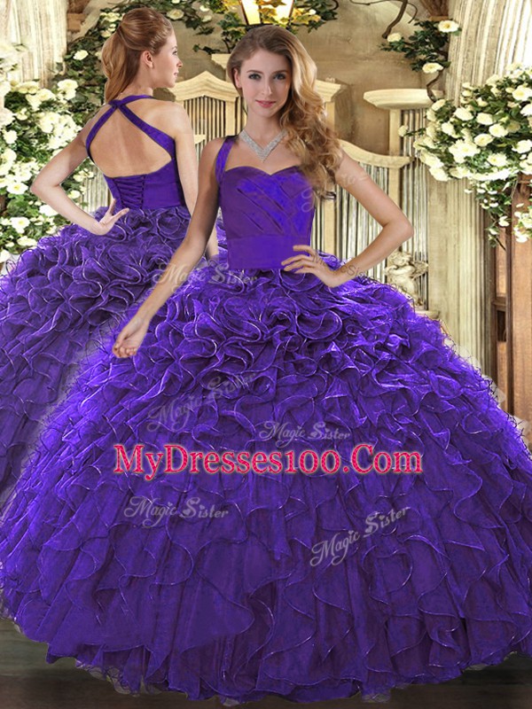 Purple Lace Up Sweet 16 Dresses Ruffles Sleeveless Floor Length