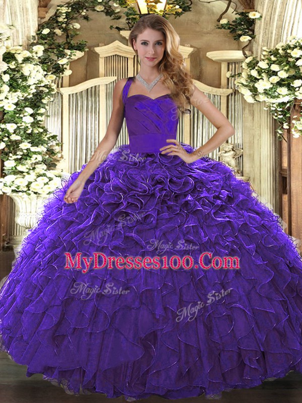 Purple Lace Up Sweet 16 Dresses Ruffles Sleeveless Floor Length