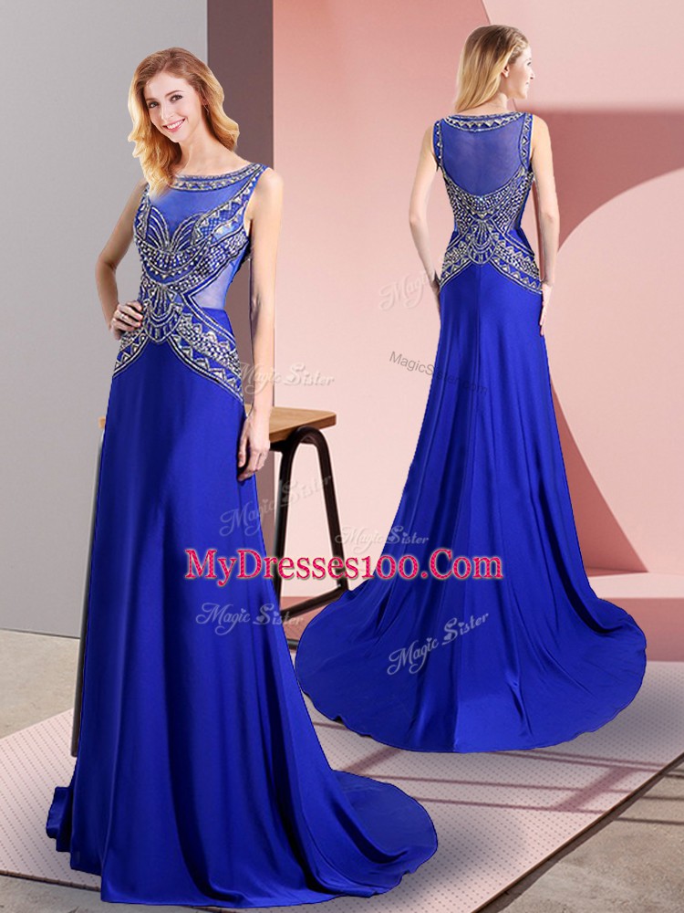 Floor Length Side Zipper Dress for Prom Royal Blue for Prom and Party with Beading Sweep Train