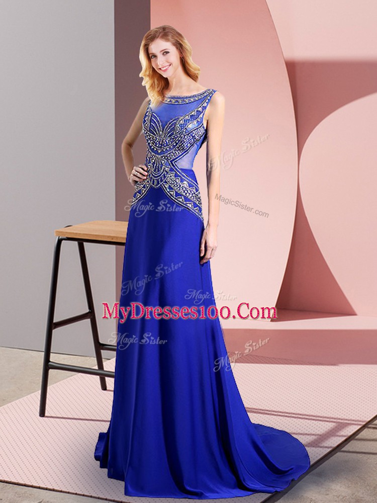 Floor Length Side Zipper Dress for Prom Royal Blue for Prom and Party with Beading Sweep Train