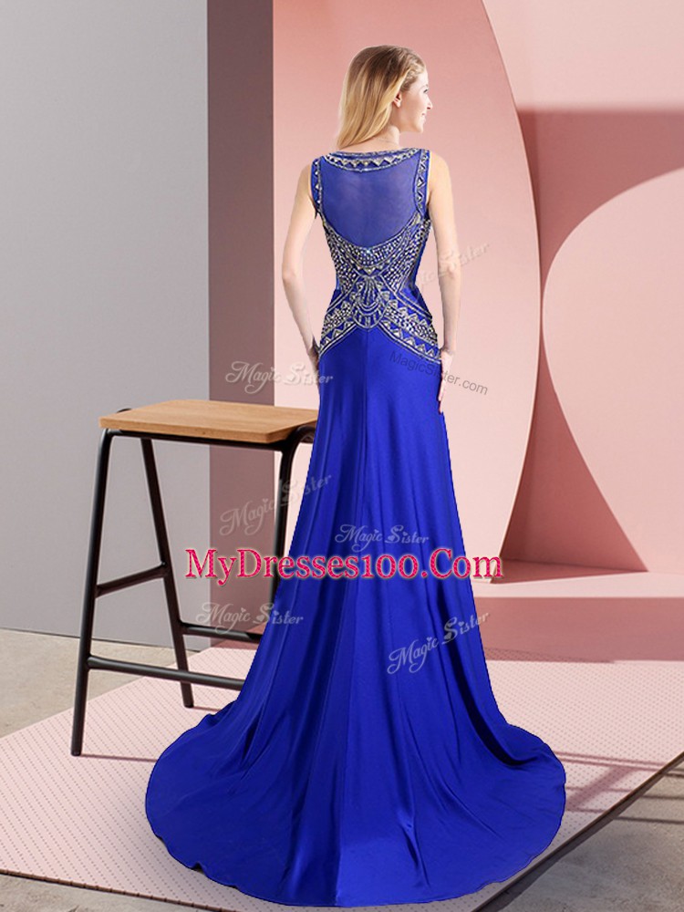 Floor Length Side Zipper Dress for Prom Royal Blue for Prom and Party with Beading Sweep Train