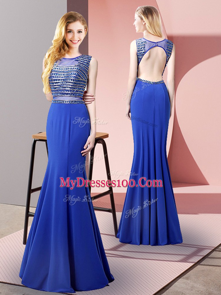Mermaid Prom Dresses Royal Blue Scoop Elastic Woven Satin Sleeveless Floor Length Backless