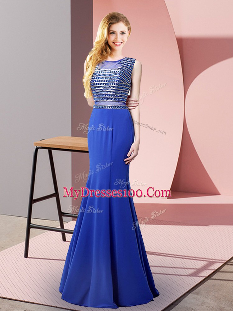 Mermaid Prom Dresses Royal Blue Scoop Elastic Woven Satin Sleeveless Floor Length Backless