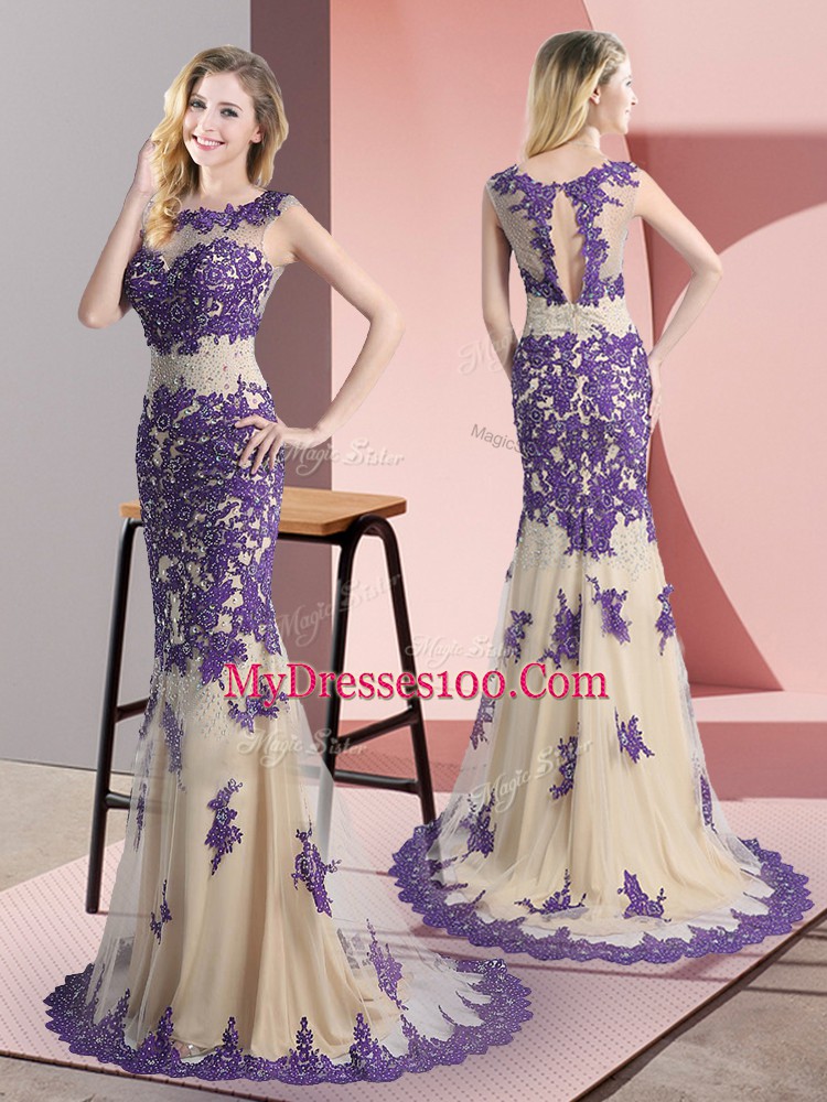 Fabulous Champagne Prom Dress Prom and Party with Beading and Appliques Scoop Sleeveless Sweep Train Side Zipper