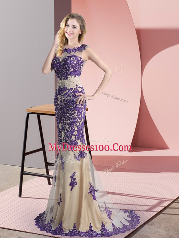 Fabulous Champagne Prom Dress Prom and Party with Beading and Appliques Scoop Sleeveless Sweep Train Side Zipper